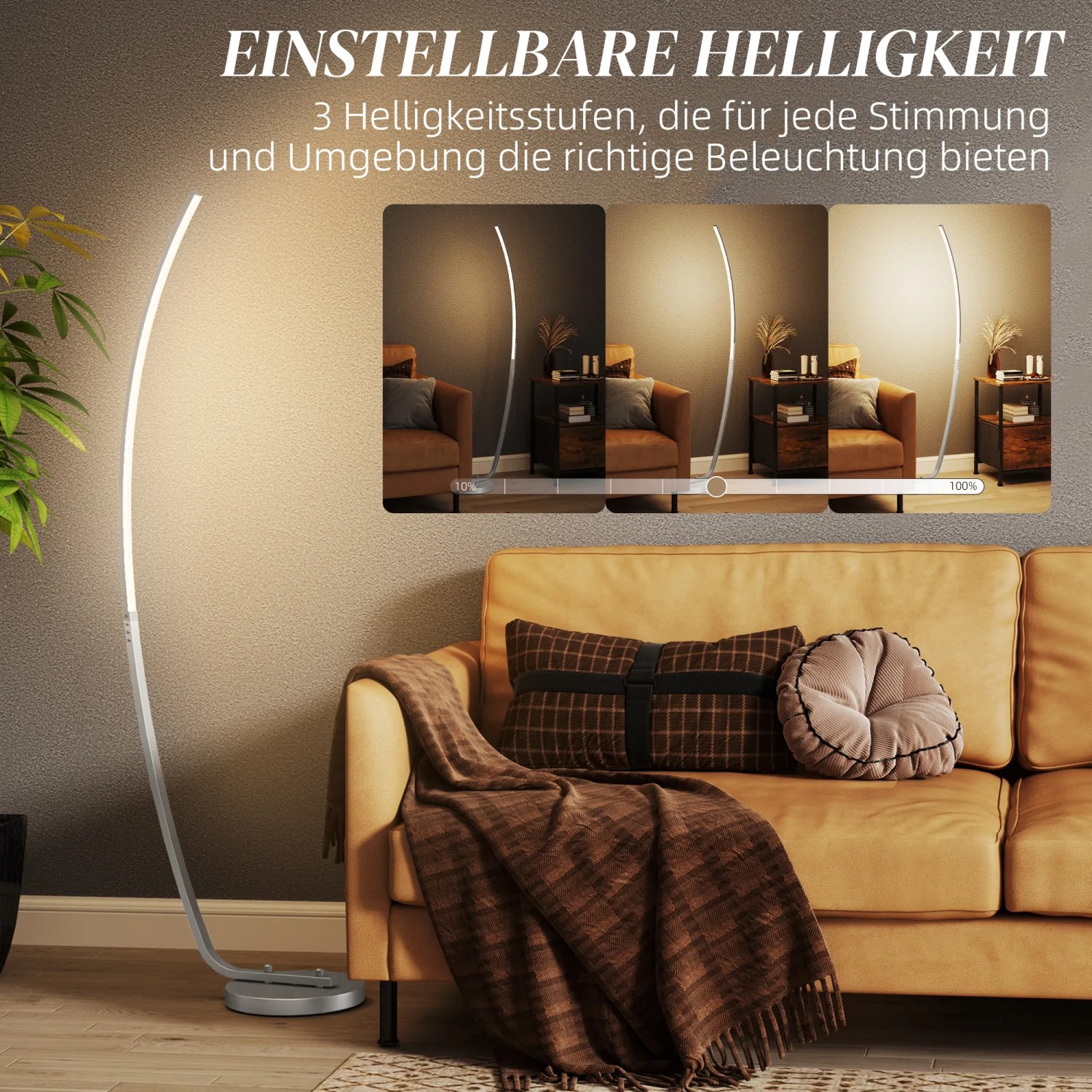 Moderne, silberne HOMCOM Stehlampe aus Aluminium und Acryl neben einem Sofa. Innenleuchte mit Fußschalter und einstellbarer Helligkeit.