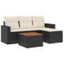 Schwarze 5-tlg. vidaXL Garten-Sofagarnitur aus Poly Rattan mit cremeweißen Kissen und Tisch.