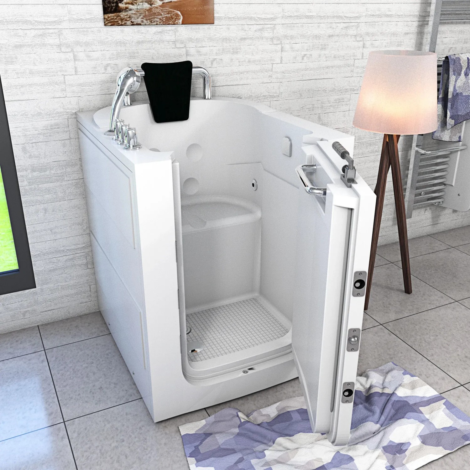 Weiße Senioren Badewanne mit Tür, Sitz und Armaturen. Rechteckige Sitzbadewanne für barrierefreies Baden.