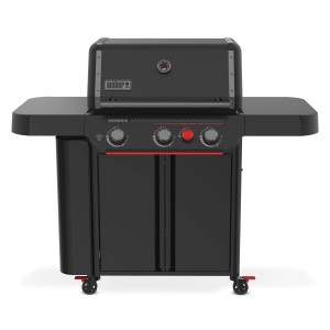 Weber Gasgrill Genesis Stealth E-330WR, schwarzer Grill mit drei Brennern, Sear Zone und Seitenschrank.