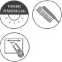 Symbole für Thermo-Verdunklung, Reinigung und Zuschnitt des Gardinia Plissee Concept Thermo.