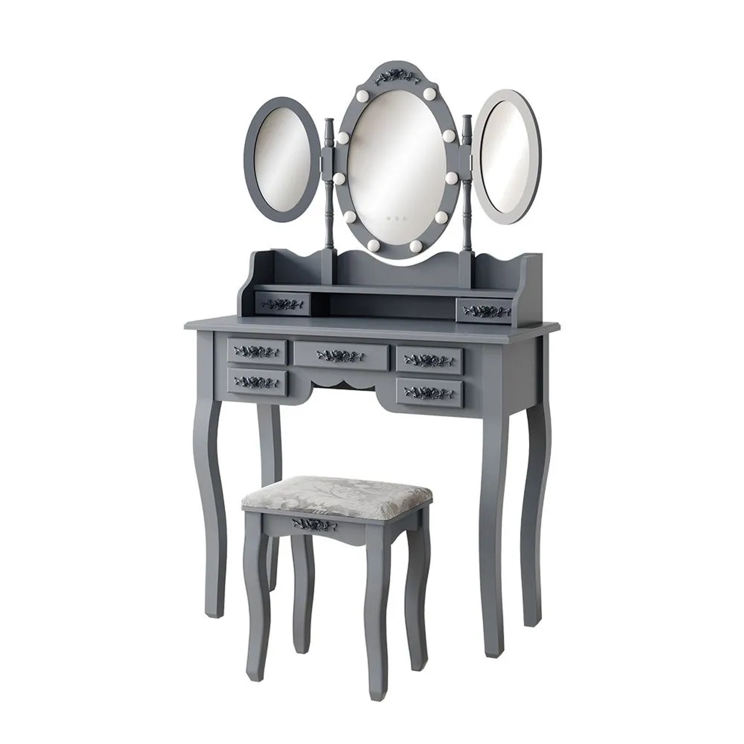 Vicco Schminktisch Diana Grau 90 x 147 mit Spiegel, LED-Beleuchtung und Hocker