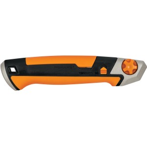 Fiskars CarbonMax Abbrechklingenmesser, 18 mm, mit orange-schwarzem Griff.