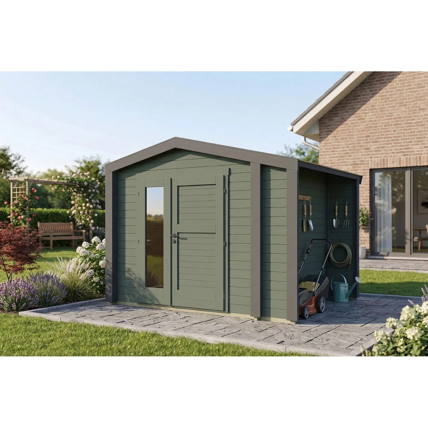Weka Holz-Gartenhaus Killarney Satteldach Grau-Grün Lasiert 311 cm x 263 cm