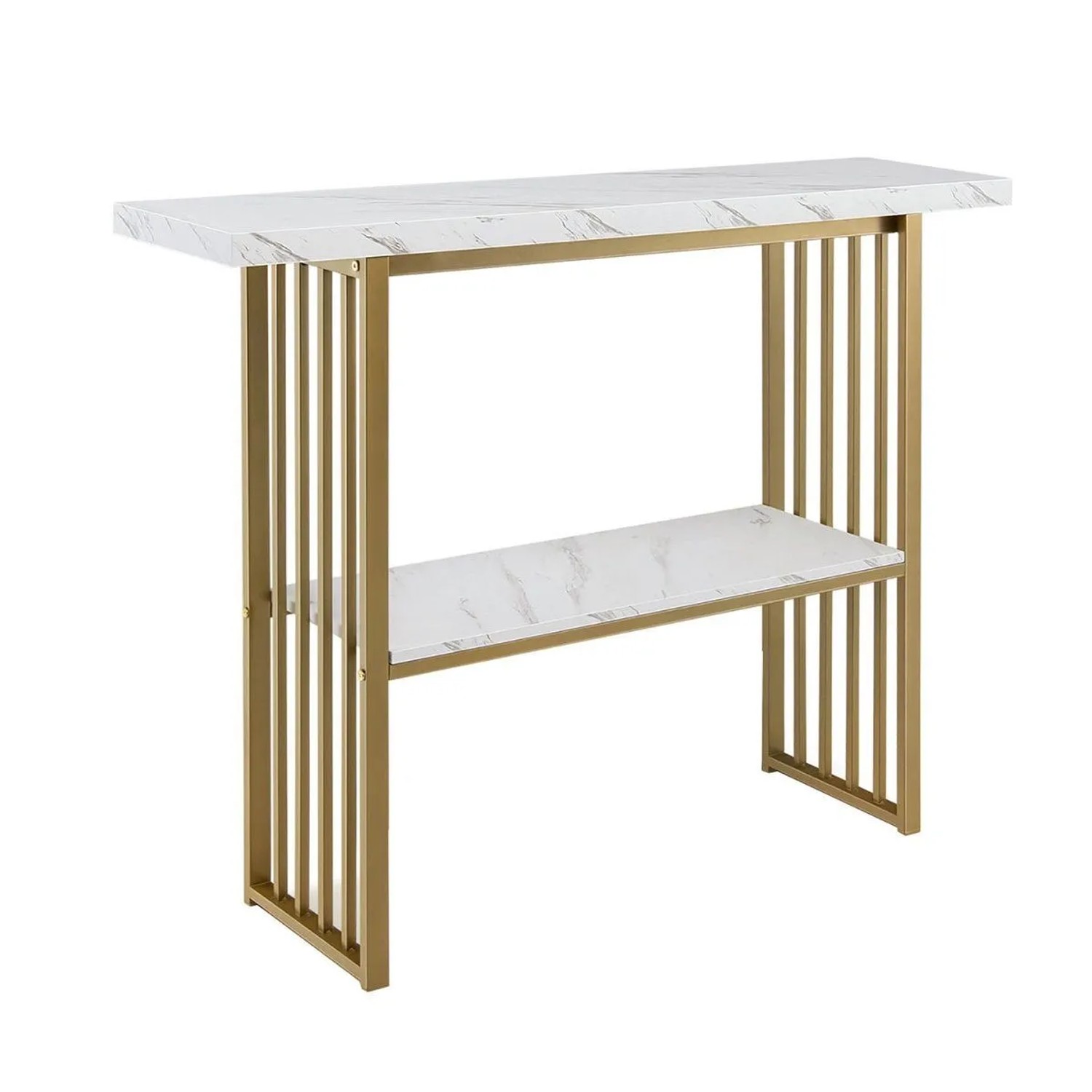 Costway Beistelltisch Marmor Optik 2 Ebenen Konsolentisch Weiß & Gold