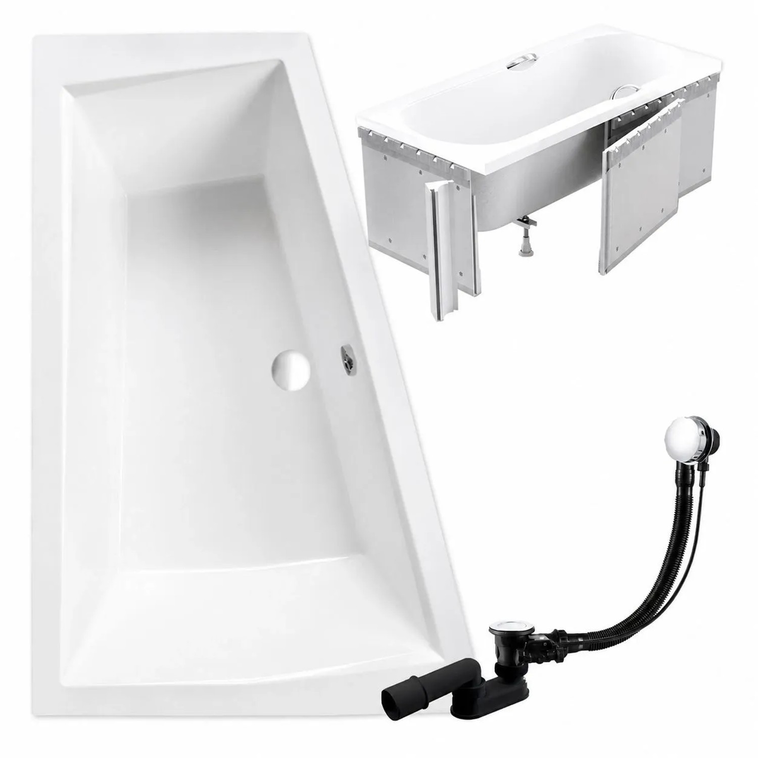 KOLMAN Badewanne Eckwanne 170 x 125 Cm Links Mit Styroporverkleidung Ablage 4Cm Und 2X Kopfstützen Inkl. Ablauf Und Füße