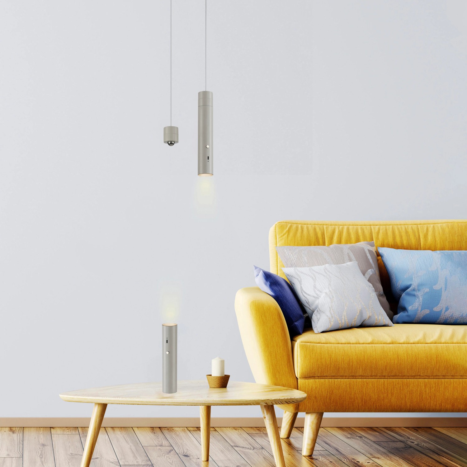 Just Light LED-Akku-Pendelleuchte Attach, greige, 120 cm, in Wohnraum-Szene.