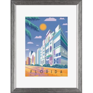 Silberner Kunststoffbilderrahmen 18x24 cm mit Florida Art Deco Motiv.