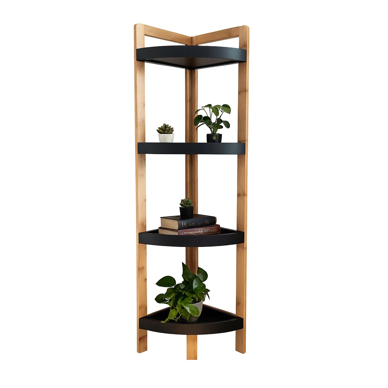 Relaxdays Eckregal Bambus Natur Schwarz 4 Ablagen 105,5 cm x 23 cm x 23 cm 2,2 kg