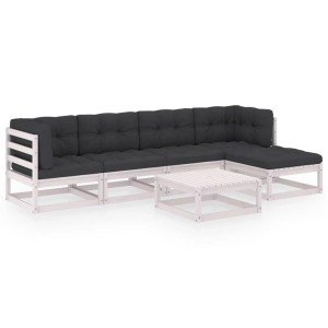 vidaXL Garten-Lounge-Set, 6-teilig, Kiefer massiv, weiß mit anthrazitfarbenen Kissen.