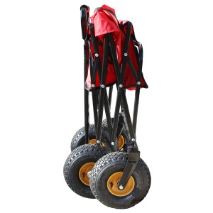 Zusammengeklappter, roter Haemmerlin Gartenwagen Circus Garden mit schwarzen Rädern.