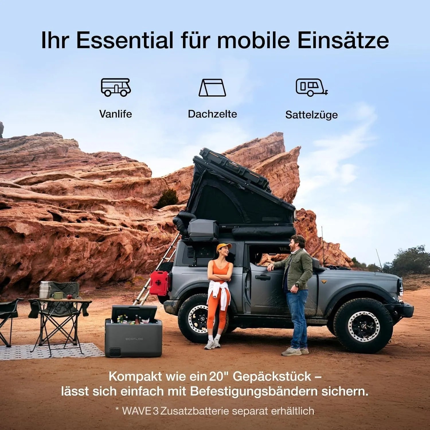 EcoFlow WAVE 3 mobiles Klimagerät neben SUV mit Dachzelt in Wüste. Ideal für Camping, Vanlife, Kühl- und Heizfunktion.