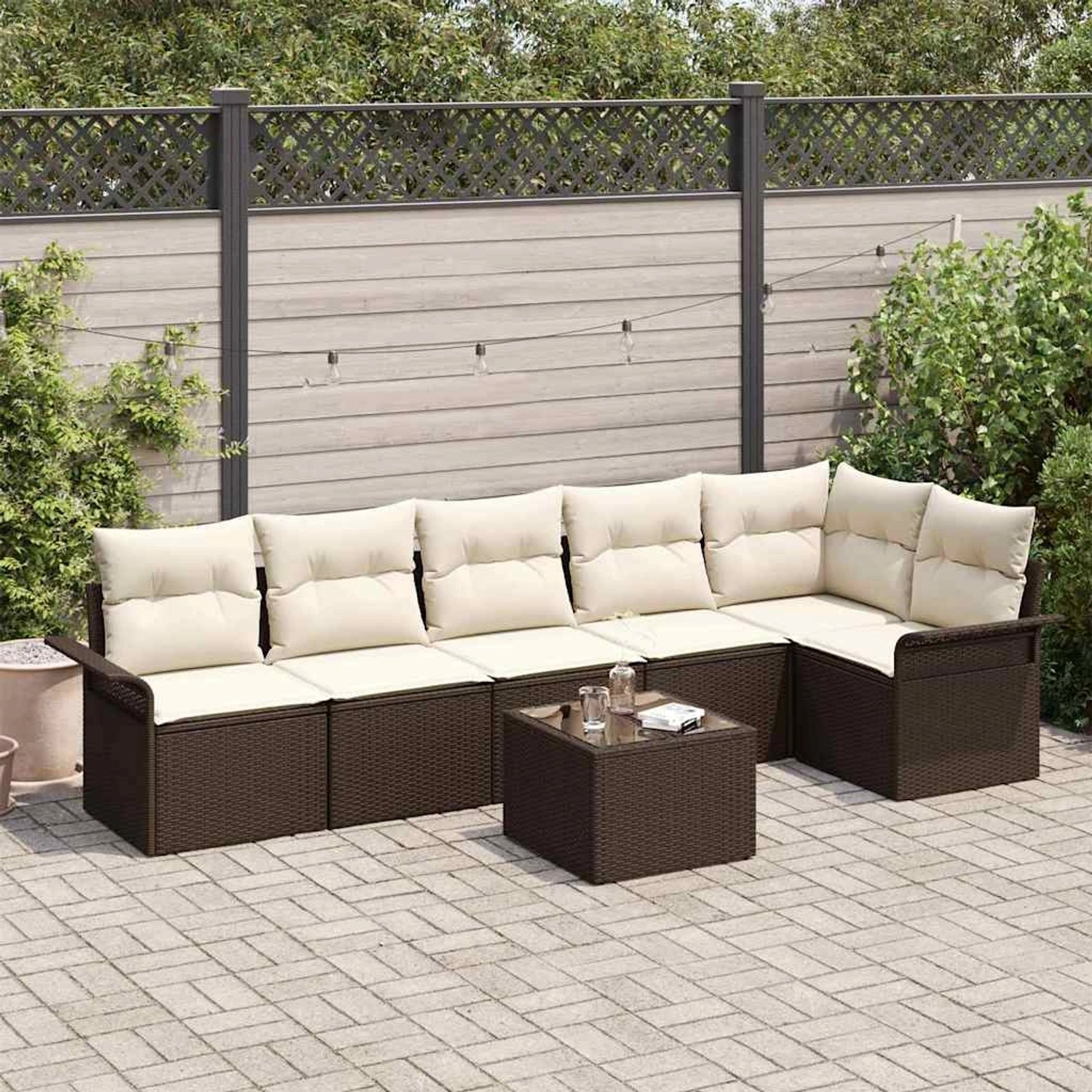 6-teiliges Garten-Sofa-Set aus Poly Rattan in Grau mit Kissen. Gartenmöbel für Terrasse und Balkon.