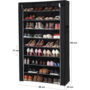 Schwarzes Songmics Schuhregal mit 10 Ebenen und staubdichter Abdeckung, gefüllt mit Schuhen.