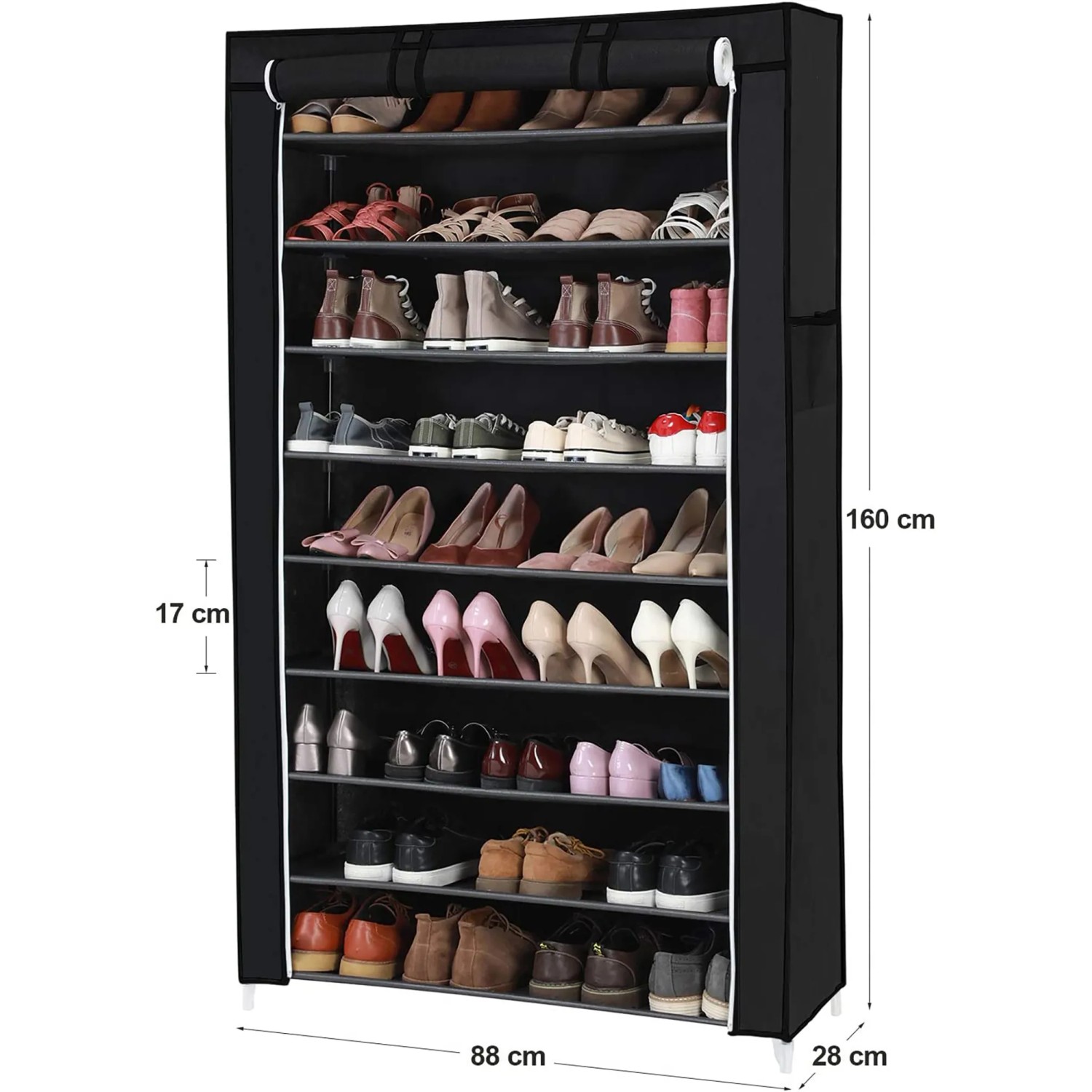 Schwarzes Songmics Schuhregal mit 10 Ebenen und staubdichter Abdeckung, gefüllt mit Schuhen.