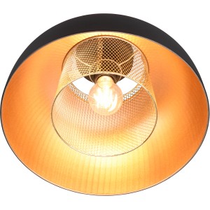 Moderne, mattschwarze Reality Deckenleuchte Punch mit goldfarbenem Innenschirm und Gitteroptik.