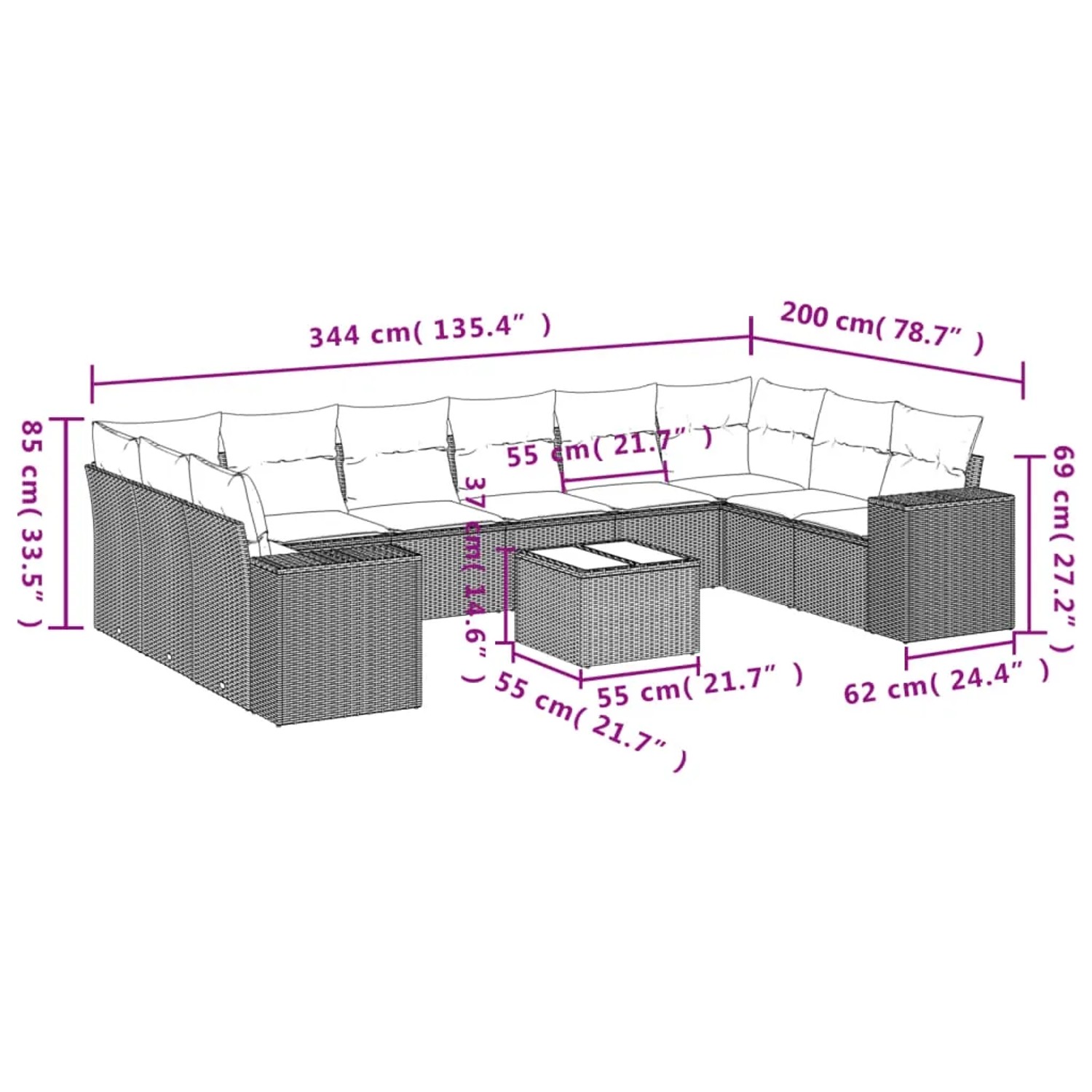 Graue 11-tlg. vidaXL Garten-Sofagarnitur aus Polyrattan mit Kissen. Gartenmöbel für Terrasse und Garten.