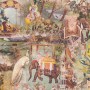 PROFHOME Dschungel Tapete mit Elefanten, Pfauen und asiatischen Motiven in Grün, Braun, Gelb und Weiß.