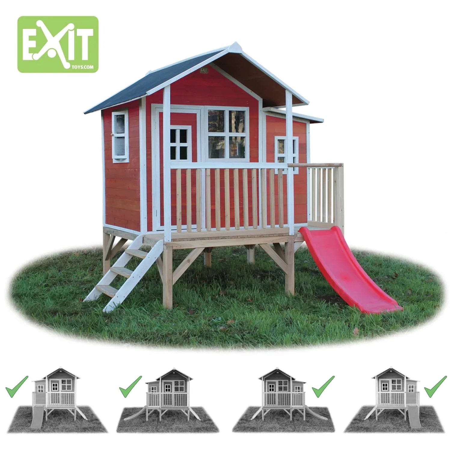 Rotes EXIT Loft 350 Holzspielhaus mit Rutsche und Treppe im Garten.