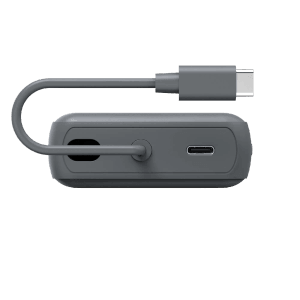Anthrazitfarbener Hama Power Pack Travel mit integriertem USB-C Kabel und zwei USB-C Ausgängen.