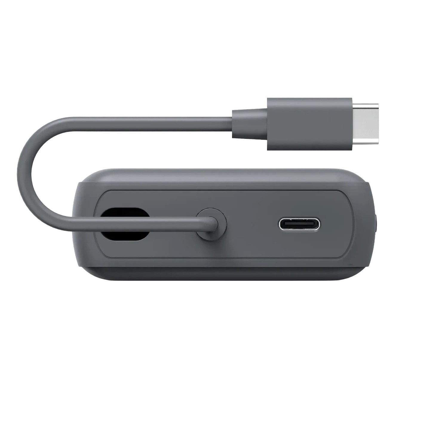 Anthrazitfarbener Hama Power Pack Travel mit integriertem USB-C Kabel und zwei USB-C Ausgängen.