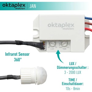 Oktaplex Jan Bewegungsmelder 2er Set: Detailaufnahme von Sensor und Steuereinheit mit Einstellmöglichkeiten.