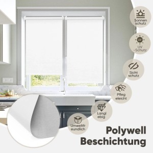 Weißes Seitenzugrollo zur Verdunkelung im Küchenfenster, blickdicht. Ohne Bohren montierbar, mit Sonnen-, UV- und Sichtschutz.