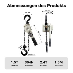 Wiltec Hebelzug 1,5t: Maße und Details des Kettenzugs mit 360° Griff.