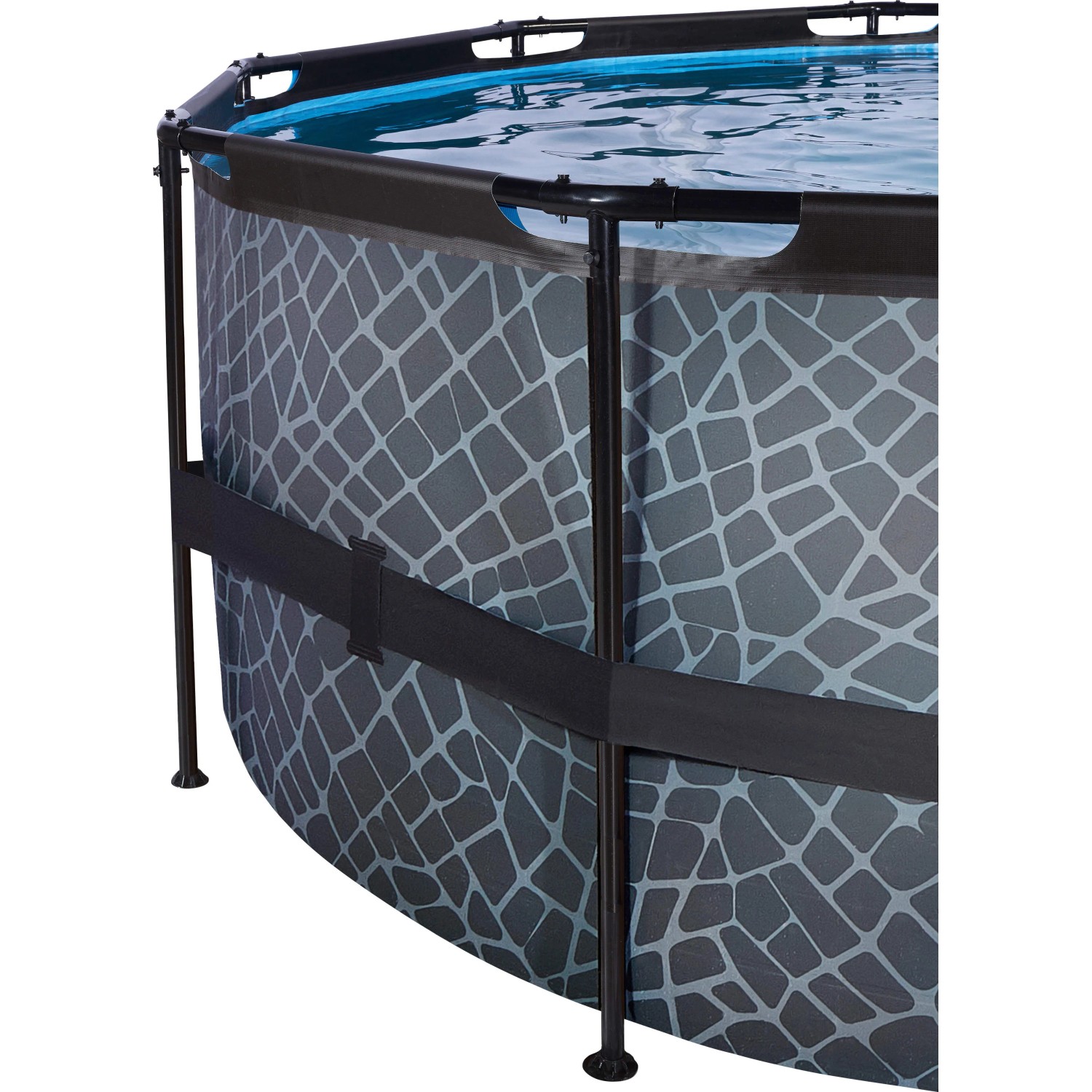 Detailansicht: Grauer EXIT Stone Pool ø 427 cm mit Steinmuster und Stahlrahmen.