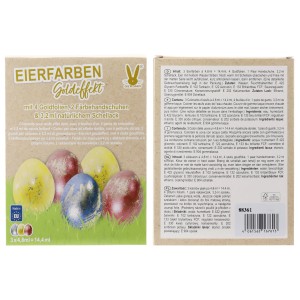 Eierfarben Goldeffekt Set mit Farben, Goldfolien und Handschuhen für glänzende Ostereier.