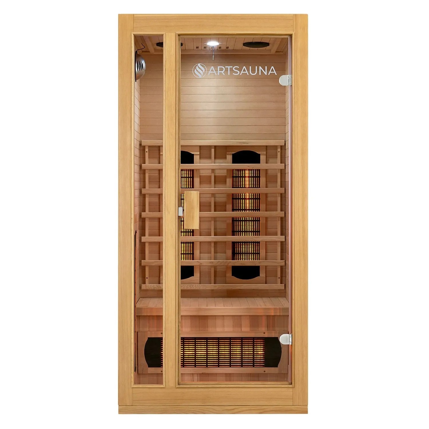 Artsauna Infrarotkabine Nyborg S90V aus Hemlockholz mit Glastür und Vollspektrumstrahlern.
