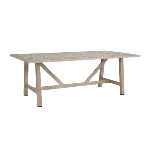 Rechteckiger Gartentisch Kalimera mit Holzoptik und Keramikfliesen für 8 Personen.