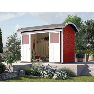 Rotes Weka Holz-Gartenhaus mit Tonnendach, 295x241 cm, lasiert. Offene Doppeltür, Gartenwerkzeug sichtbar.