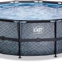 EXIT Stone Pool, Ø450x122cm, grauer Stahlrahmen Pool mit Steinmuster und Filterpumpe.