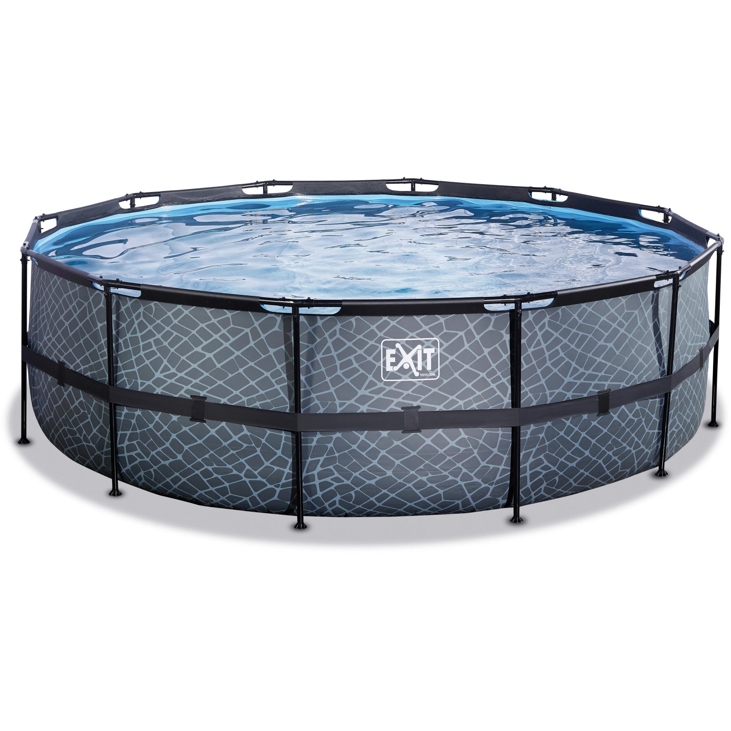 EXIT Stone Pool, Ø450x122cm, grauer Stahlrahmen Pool mit Steinmuster und Filterpumpe.