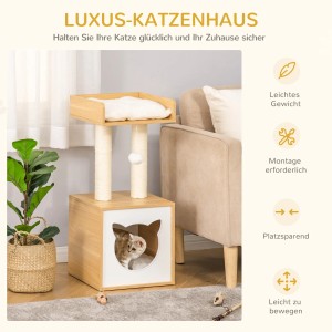 Pawhut Katzenhöhle mit Kissen und Kratzbaum, helles Holz mit Katzenkopf-Öffnung.