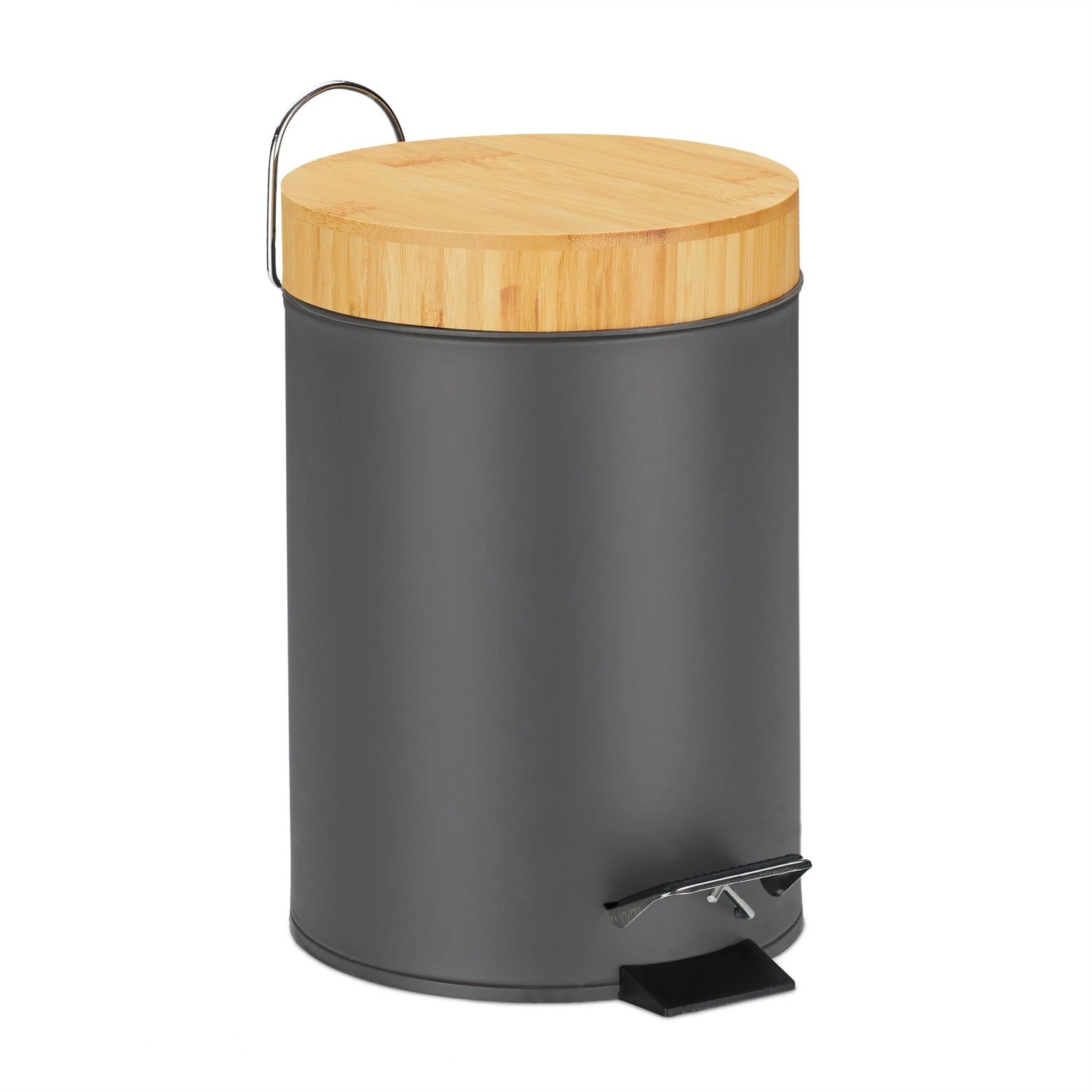 Relaxdays Mülleimer Stahl Bambus Grau Mit Trittpedal Absenkautomatik 24,5 cm x 17 cm x 23 cm 650 g