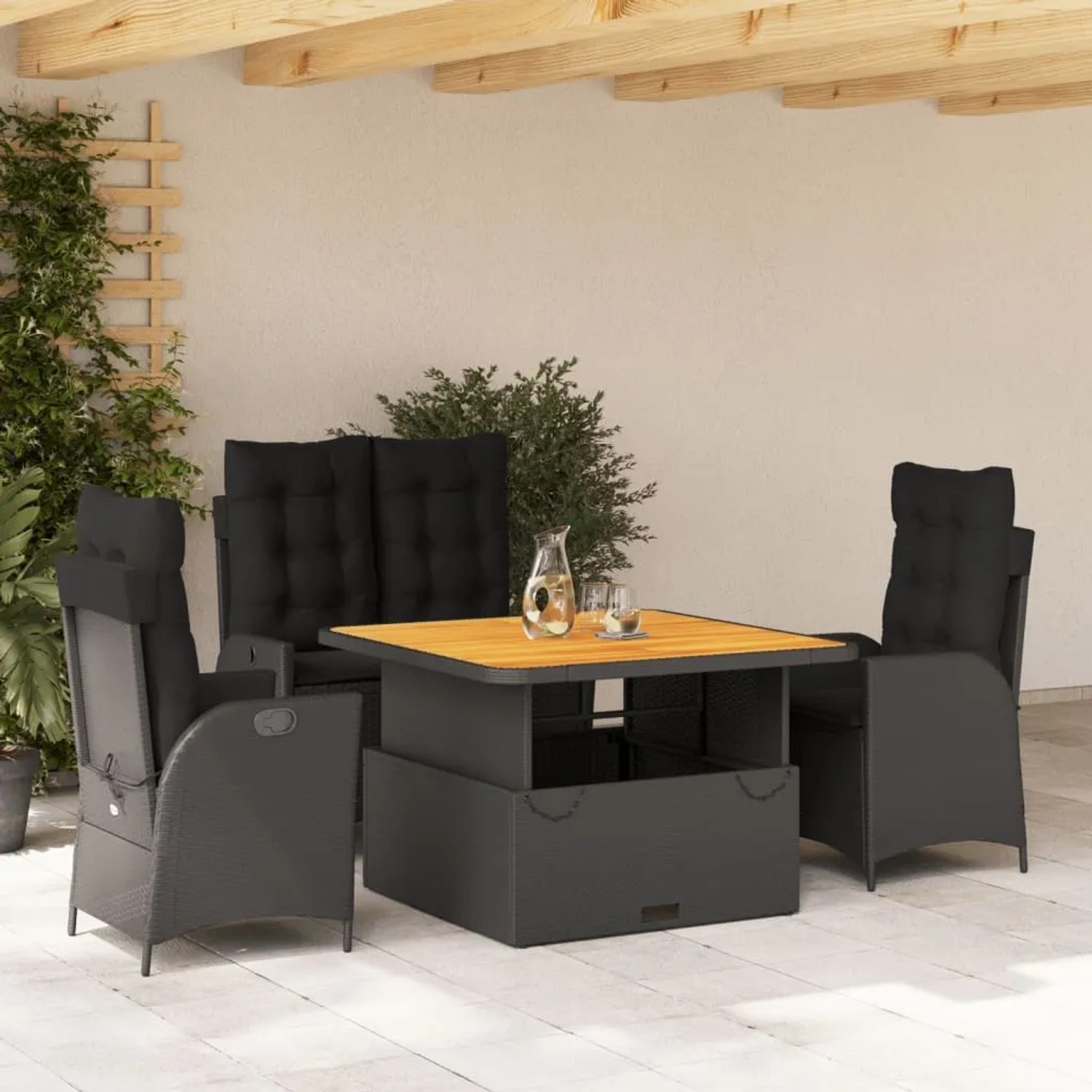 Schwarze 4-tlg. vidaXL Garten-Essgruppe mit Kissen und höhenverstellbarem Tisch.