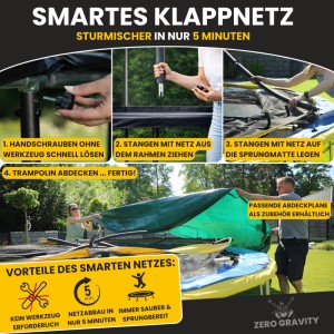 Zero Gravity Trampolin Outdoor 427cm TÜV GS Smartes Klappnetz mit Leiter und Bodenanker