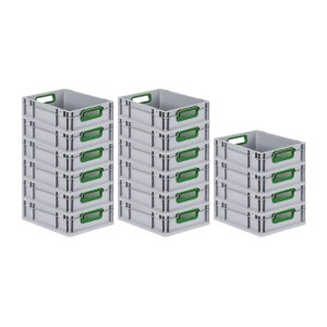 PROREGAL Spar Set: 16 graue Euroboxen mit grünen Griffen, gestapelt. Aufbewahrungsboxen für Industrie und Gewerbe.