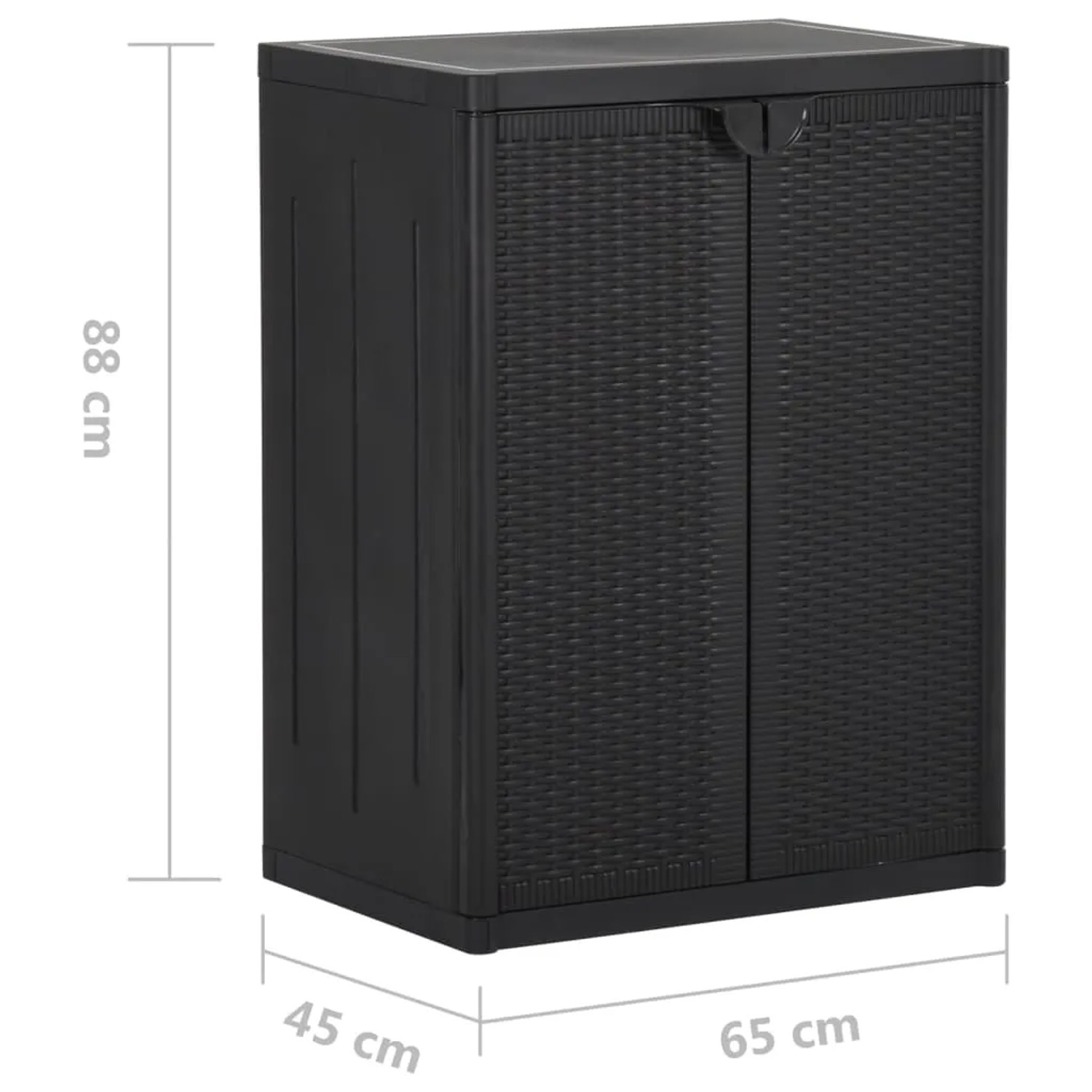 Schwarzer vidaXL Gartenschrank (65x45x88 cm) in Rattan-Optik. Praktischer Büroschrank für Garten und Büro.