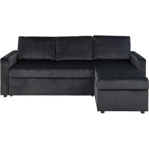 Anthrazitgraues Schlafsofa Sacramento mit Chaiselongue, Stauraum und Ausziehfunktion.