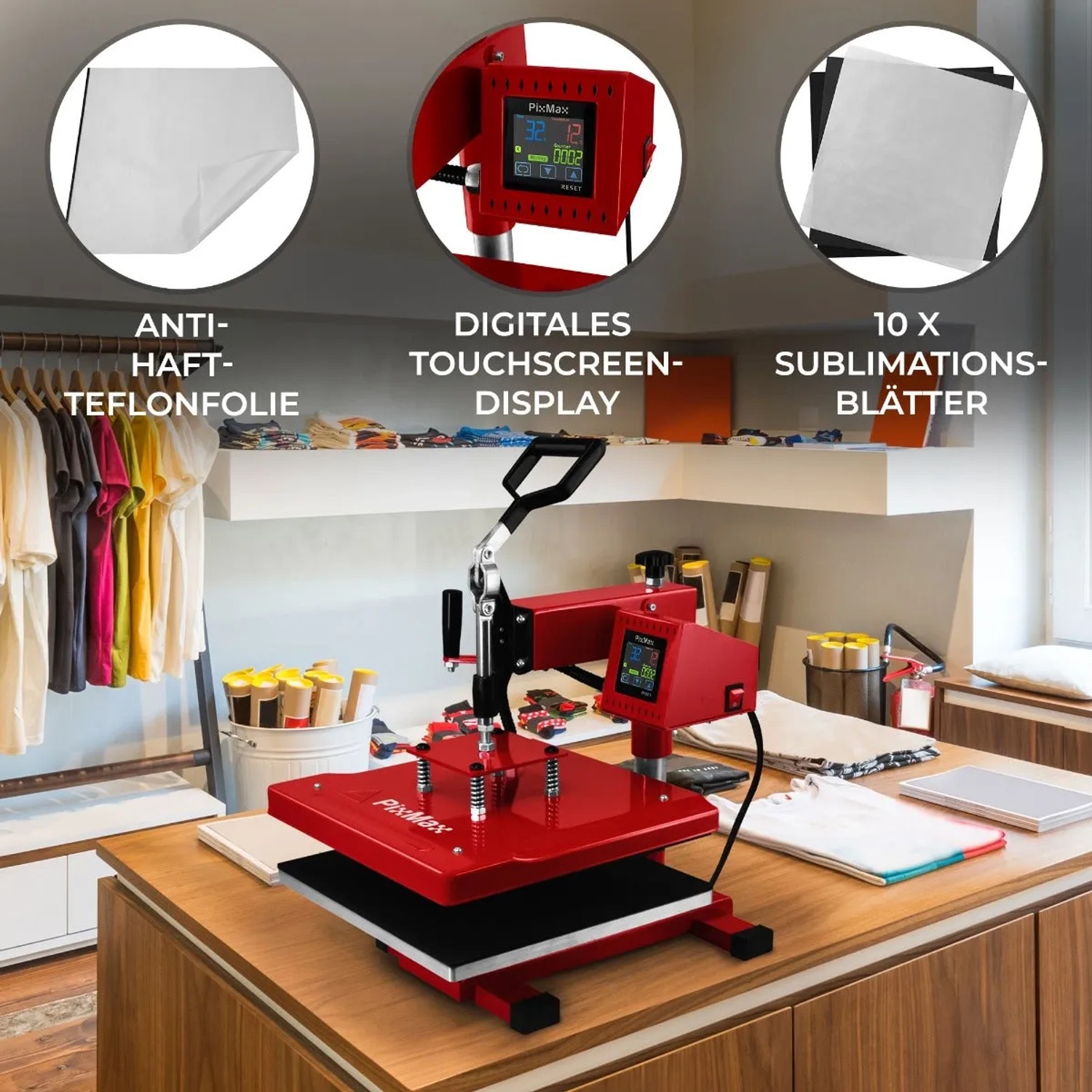 Monstershop Transferpresse 38x38cm mit Teflonmatte und Sublimationspapier für kreatives Gestalten.