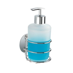 Wenko Seifenspender mit Turbo-Loc Wandbefestigung, chromfarbener Halter, satinierter Behälter mit blauer Flüssigseife.