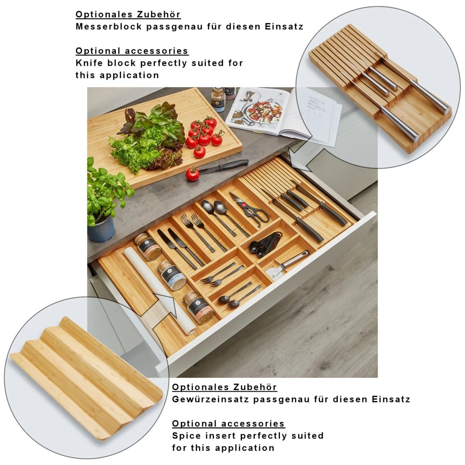 SOTECH ORGA-BOX 3 Bambus Besteckeinsatz in Schublade mit Besteck und Küchenutensilien.