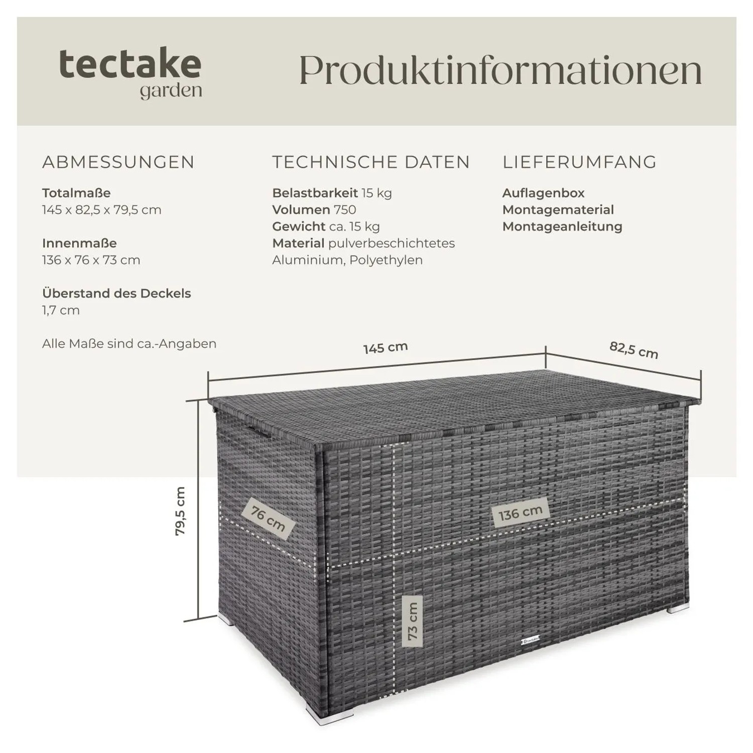 Graue Tectake Auflagenbox Oslo, 750 L, mit Rattangeflecht für Garten-Ordnungssysteme.