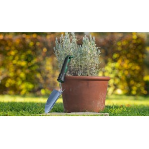 Bosch Blumenkelle neben Topf mit Lavendel. Gartenhandgerät mit ergonomischem Griff.