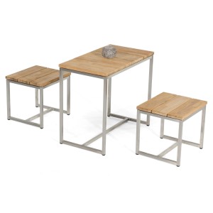 Natur24 Skyline Anstelltisch 90x50 aus Edelstahl und Teakholz mit zwei Hockern.
