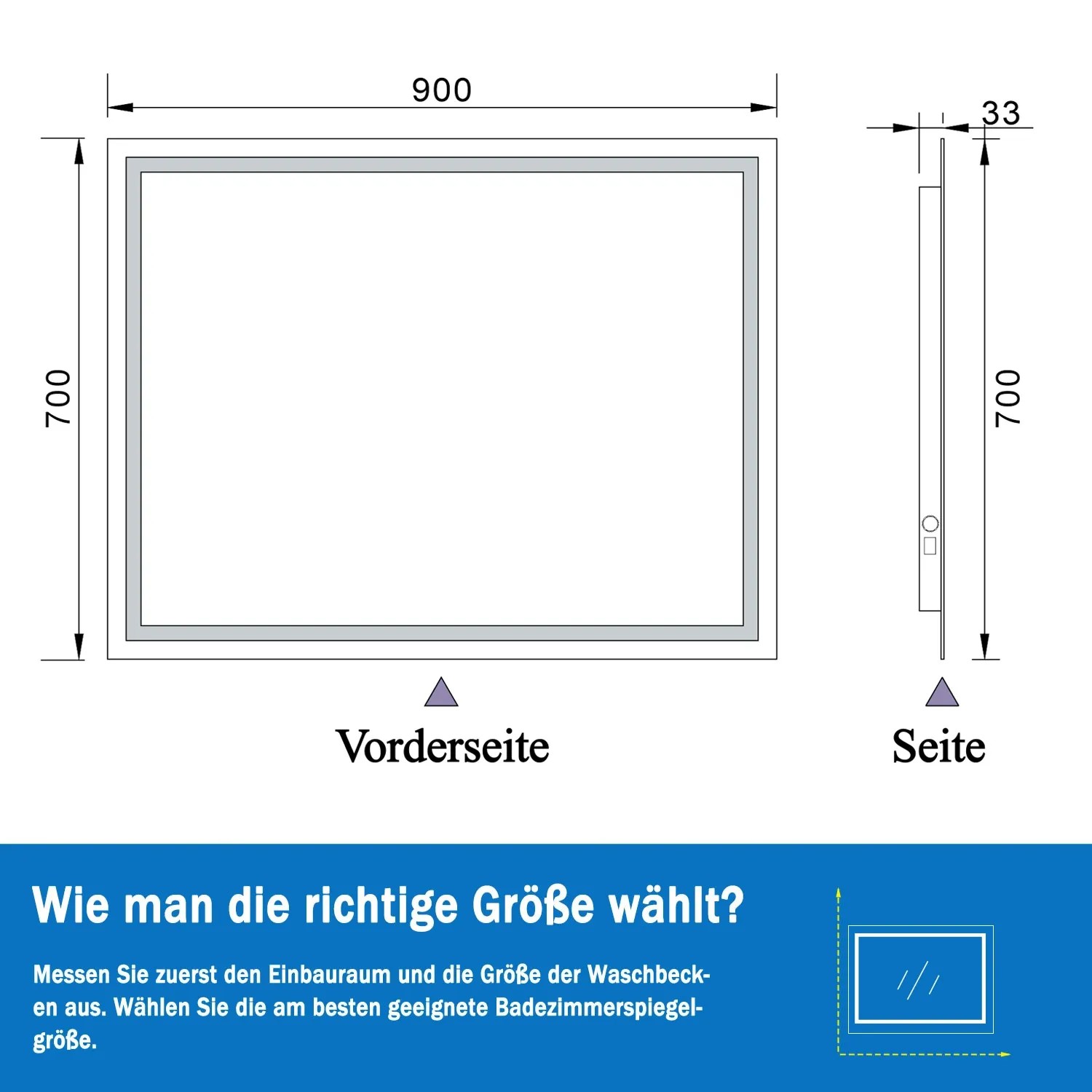 Skizze eines Aica Sanitär Badspiegels 90x70 cm mit LED Beleuchtung, Front- und Seitenansicht mit Maßen.