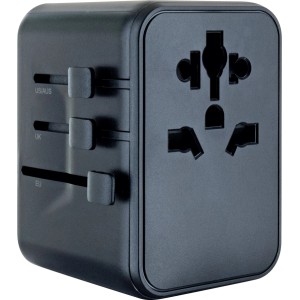 Schwarzer Schwaiger Reiseadapter für EU/UK/US-Stecker mit Universalsteckdose. Kompaktes Handy-Zubehör.